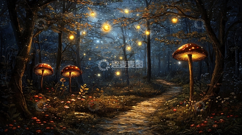 高清大图下载【趣麦麦图】神秘森林中的发光蘑菇