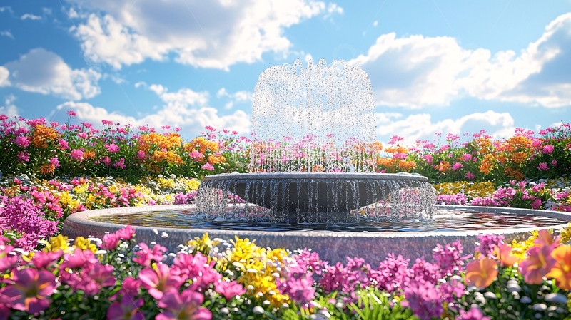 高清大图下载【趣麦麦图】喷泉与五彩缤纷的花朵