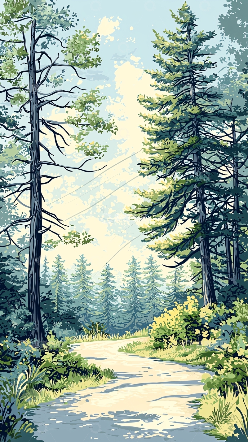 高清大图下载【趣麦麦图】森林小径自然风景插画