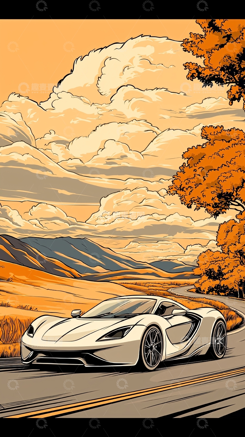 高清大图下载【趣麦麦图】秋日山路上的跑车