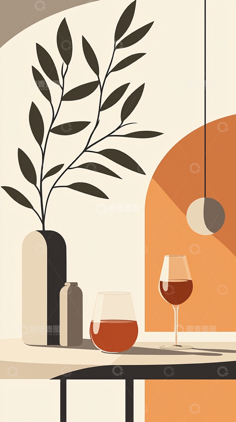 高清大图下载【趣麦麦图】简约室内植物与酒杯插画