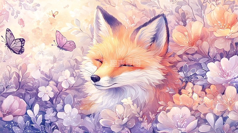 高清大图下载【趣麦麦图】梦幻森林中的狐狸与蝴蝶