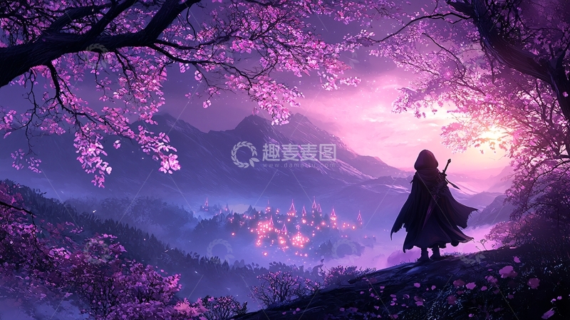 高清大图下载【趣麦麦图】梦幻紫霞山景下的神秘旅人