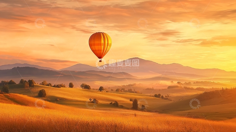 高清大图下载【趣麦麦图】热气球日落山丘风景