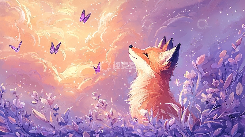 高清大图下载【趣麦麦图】梦幻森林中的狐狸与蝴蝶