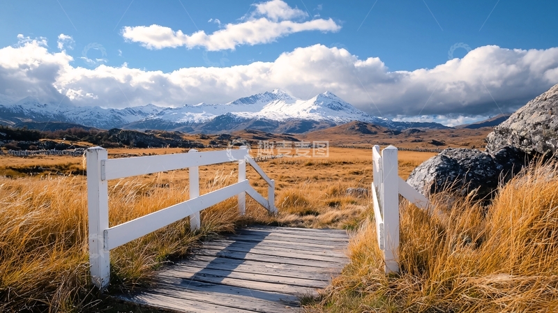高清大图下载【趣麦麦图】雪山下的木桥风景
