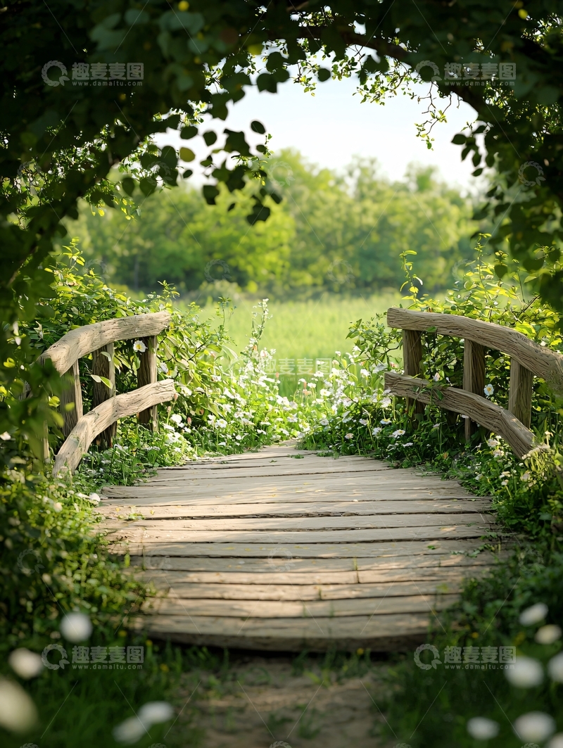 高清大图下载【趣麦麦图】木桥花海自然风光