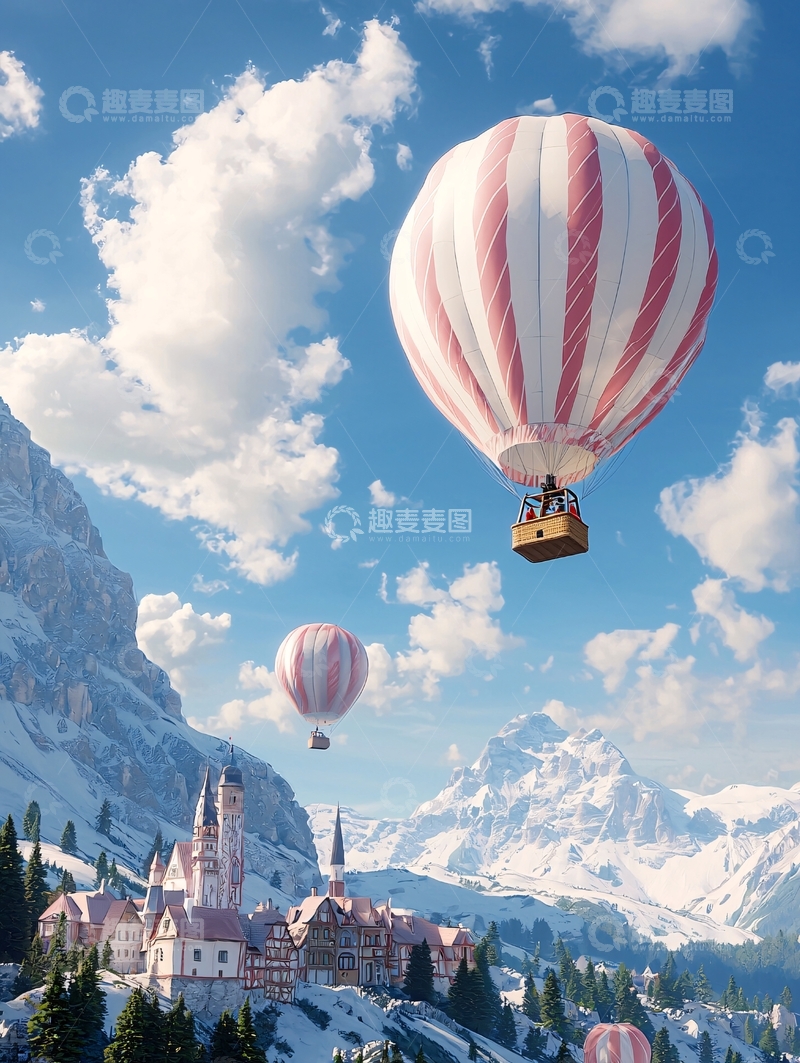 高清大图下载【趣麦麦图】热气球与雪山小镇