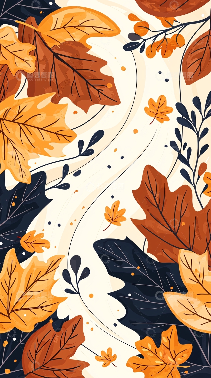 高清大图下载【趣麦麦图】秋日落叶插画背景图