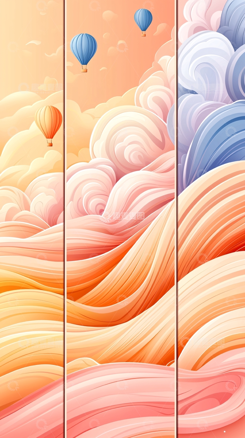 高清大图下载【趣麦麦图】梦幻热气球与云彩的艺术插画