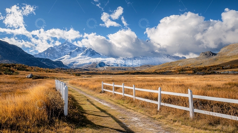 高清大图下载【趣麦麦图】秋日山间小路与雪山