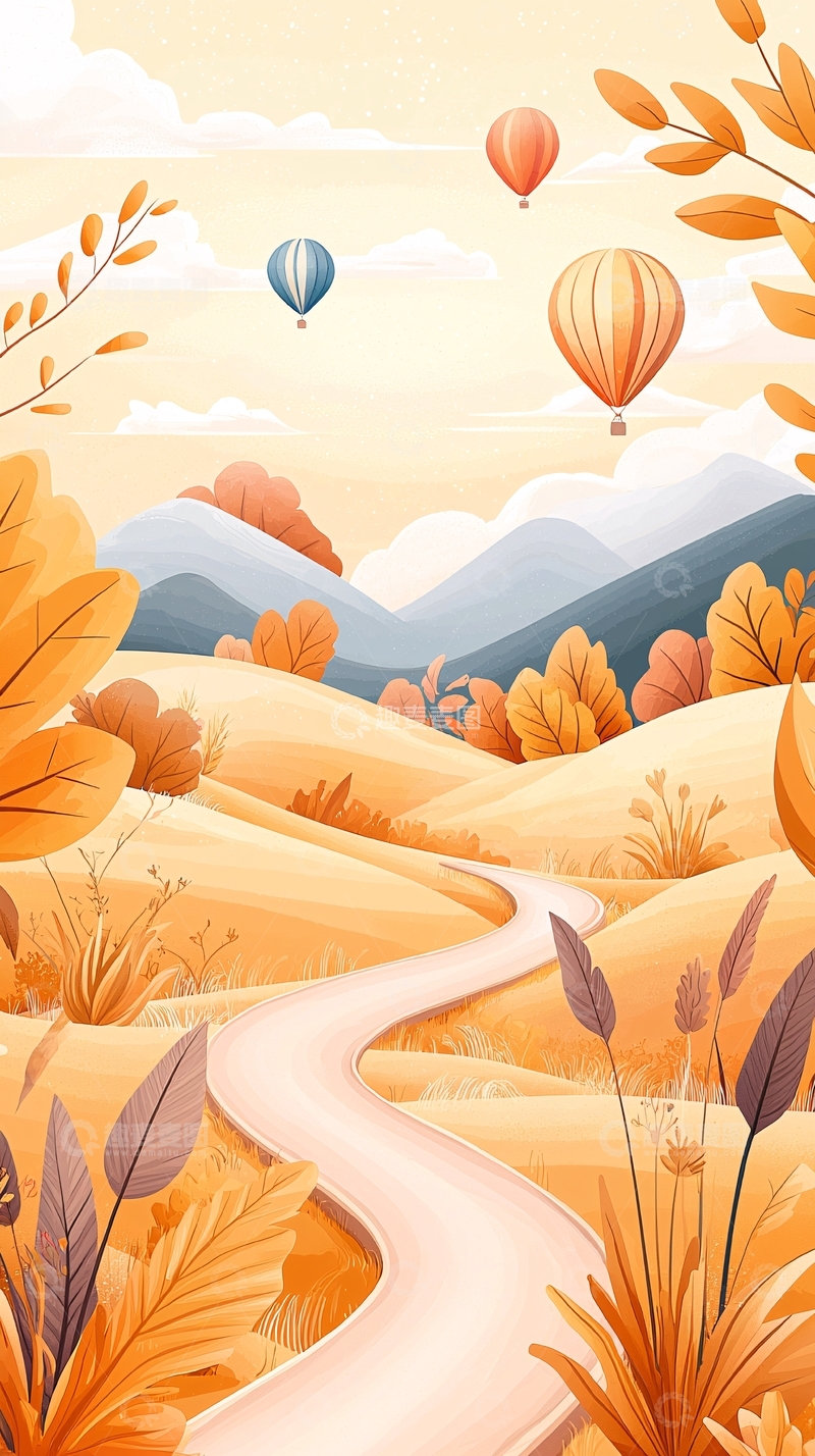 高清大图下载【趣麦麦图】秋日山间热气球风景
