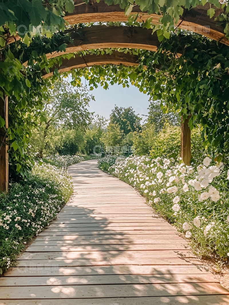 高清大图下载【趣麦麦图】木桥花海自然风光