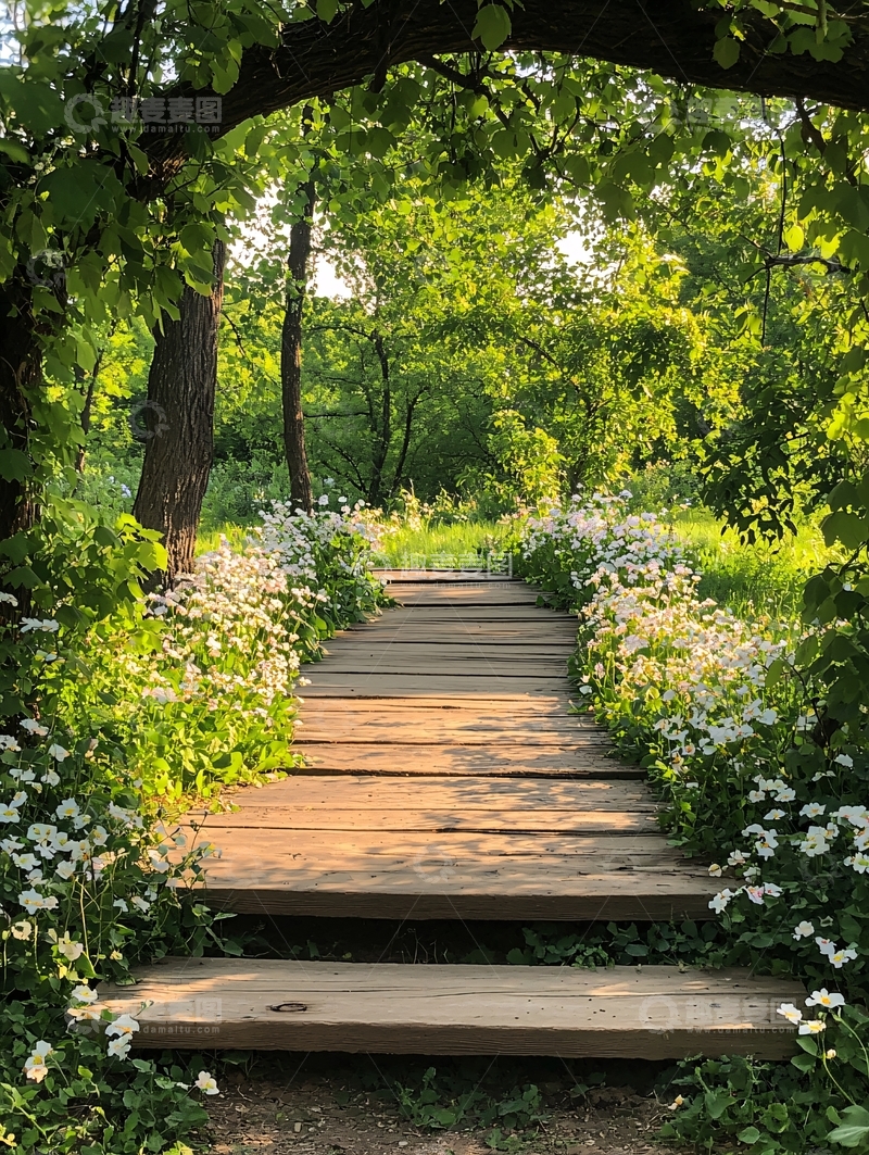 高清大图下载【趣麦麦图】木桥花海自然风光