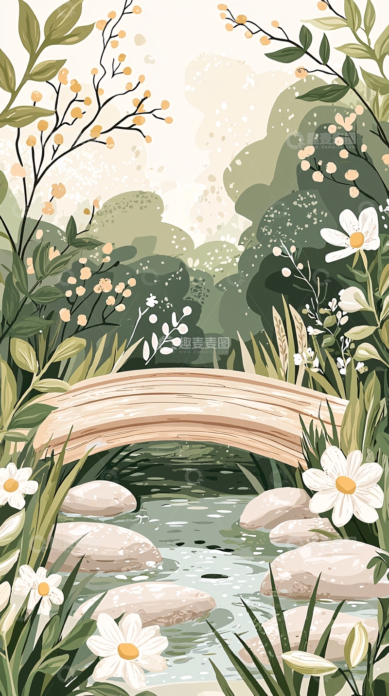 高清大图下载【趣麦麦图】小桥流水自然风景插画