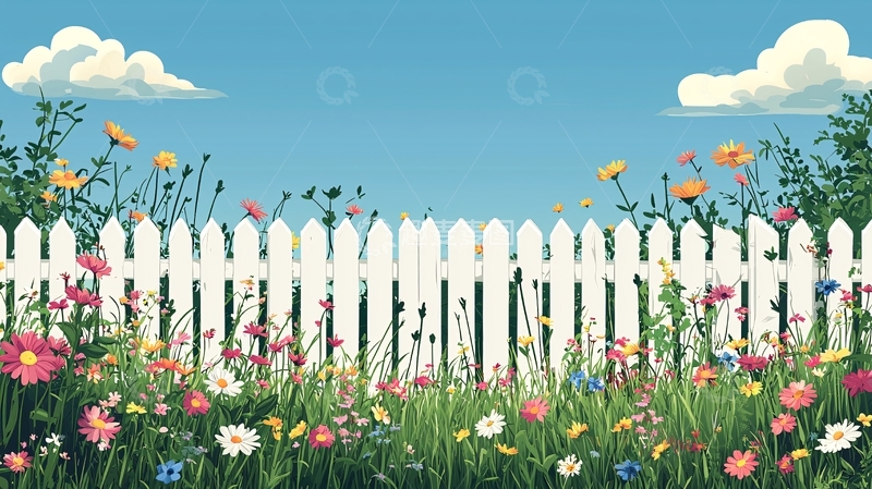 高清大图下载【趣麦麦图】白色围栏与五彩花朵的花园场景