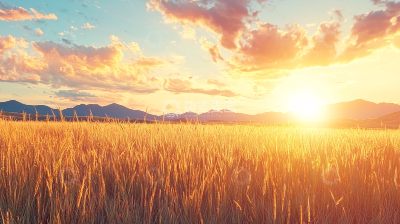 高清大图下载【趣麦麦图】夕阳下的麦田风景