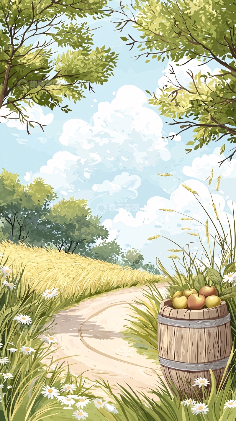 高清大图下载【趣麦麦图】田园风光下的木桶苹果