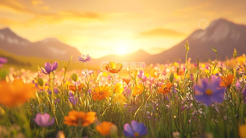 高清大图下载【趣麦麦图】夕阳下的花海风景
