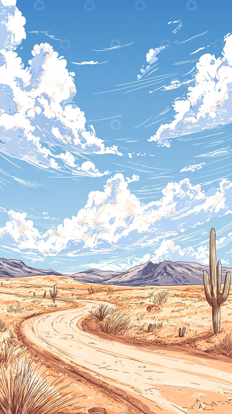 高清大图下载【趣麦麦图】沙漠公路与仙人掌