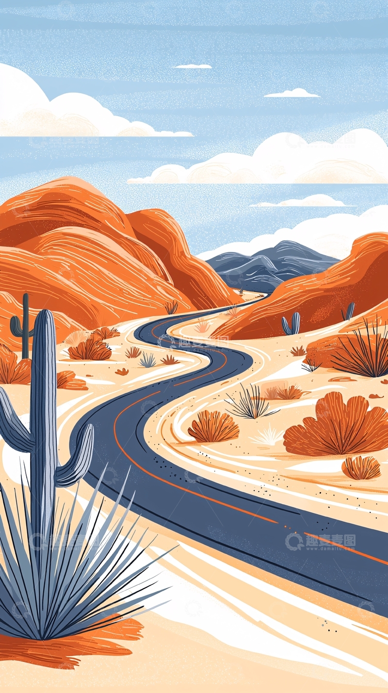 高清大图下载【趣麦麦图】沙漠公路与仙人掌