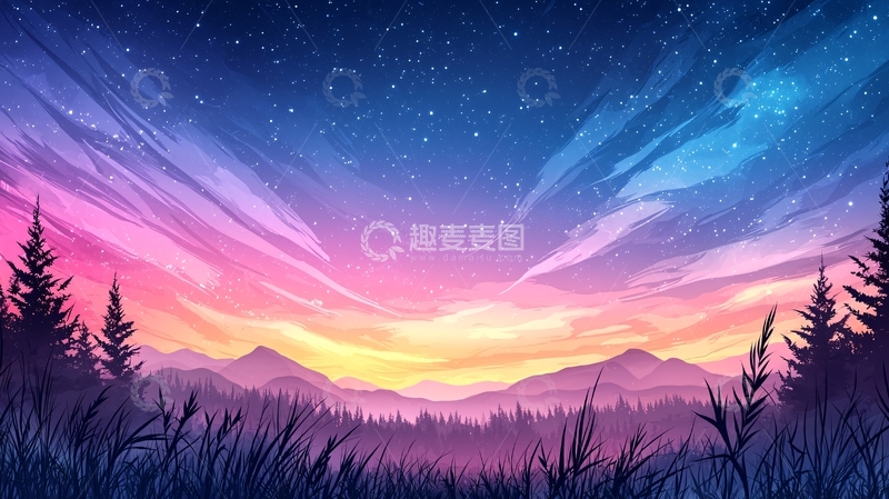 高清大图下载【趣麦麦图】梦幻星空下的山林风景