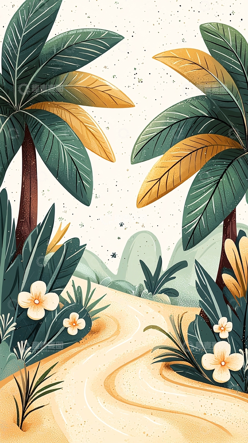 高清大图下载【趣麦麦图】热带海滩植物插画背景