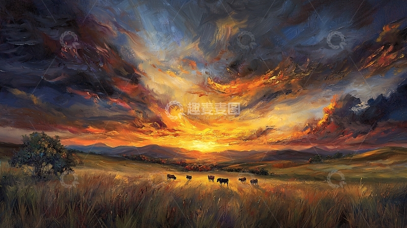 高清大图下载【趣麦麦图】夕阳下的草原牧场