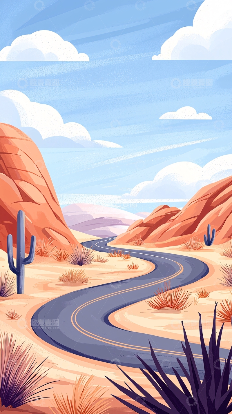 高清大图下载【趣麦麦图】沙漠公路风景插画