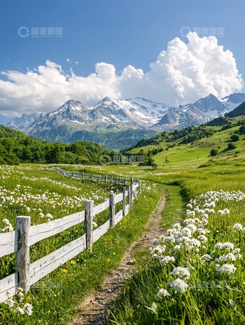 高清大图下载【趣麦麦图】山间小路与雪山美景