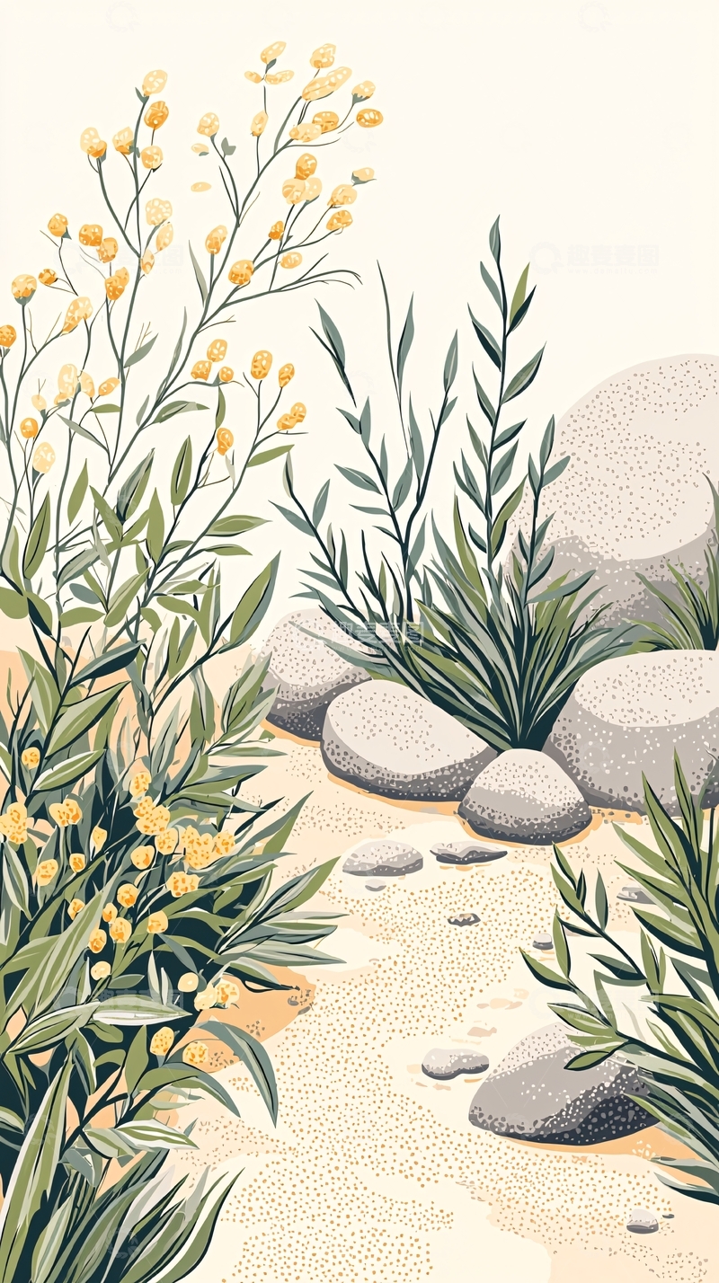 高清大图下载【趣麦麦图】沙漠植物与石头背景插画