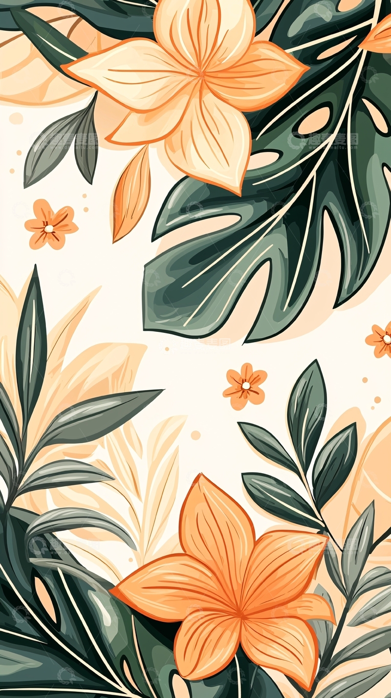 高清大图下载【趣麦麦图】热带花卉手绘插画背景图