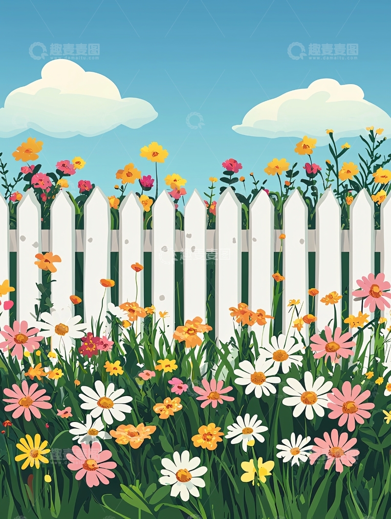 高清大图下载【趣麦麦图】白色围栏与五彩缤纷花朵的花园场景