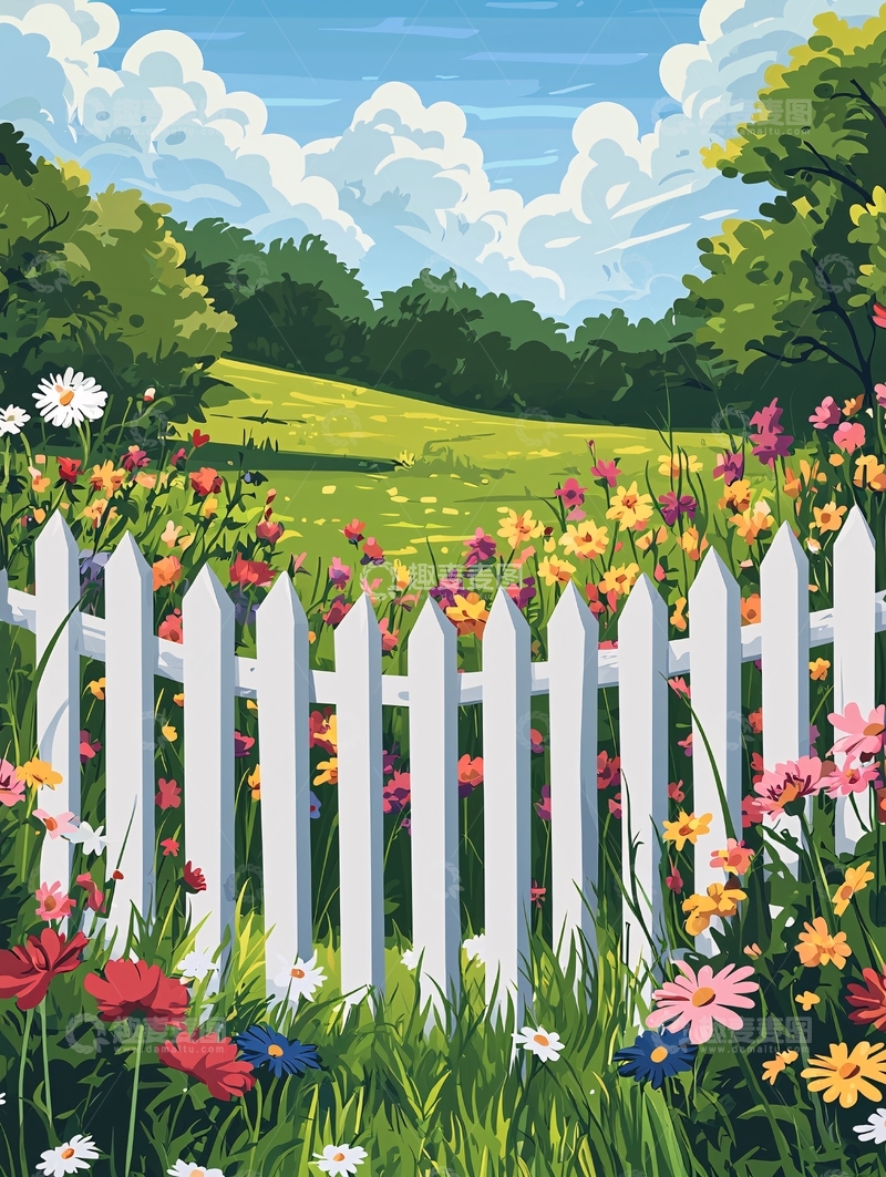 高清大图下载【趣麦麦图】乡村花园白色围栏风景