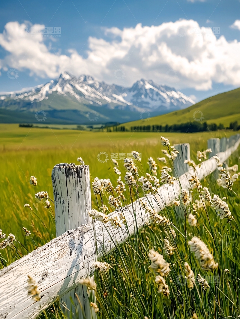 高清大图下载【趣麦麦图】雪山下的绿色田野与木栅栏