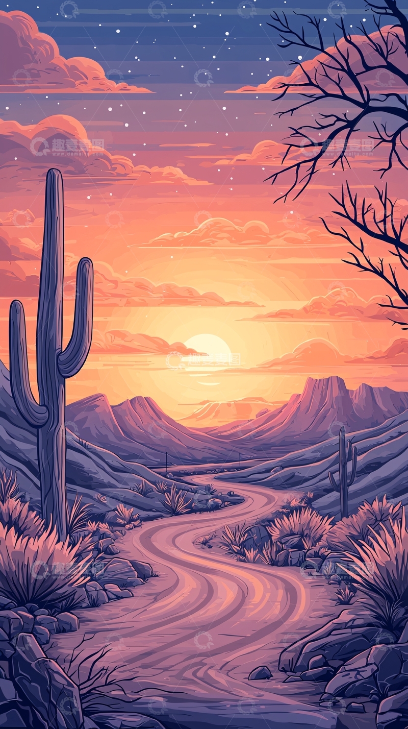 高清大图下载【趣麦麦图】沙漠日落下的蜿蜒小路