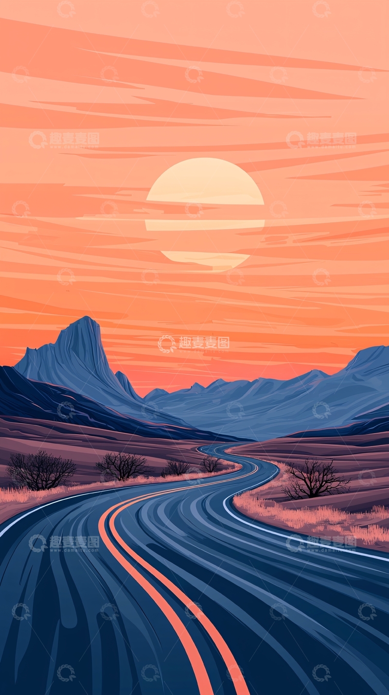 高清大图下载【趣麦麦图】夕阳下的蜿蜒山路