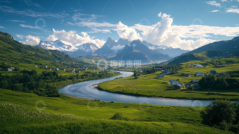 高清大图下载【趣麦麦图】阿尔卑斯山下的田园风光
