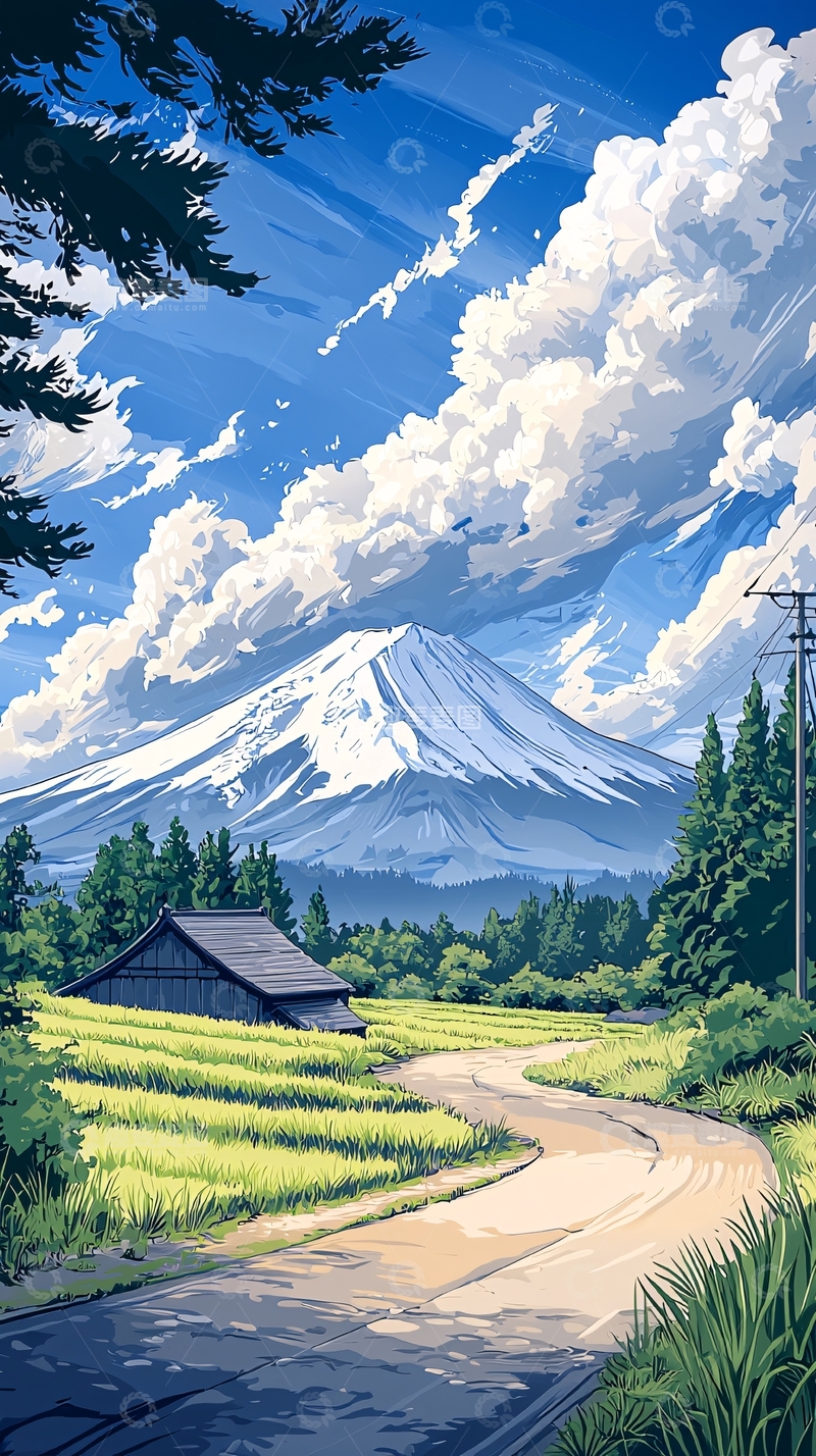 高清大图下载【趣麦麦图】富士山下的乡村小路