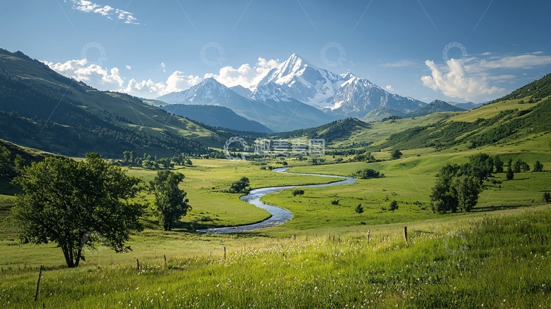 高清大图下载【趣麦麦图】雪山下的绿色山谷风景