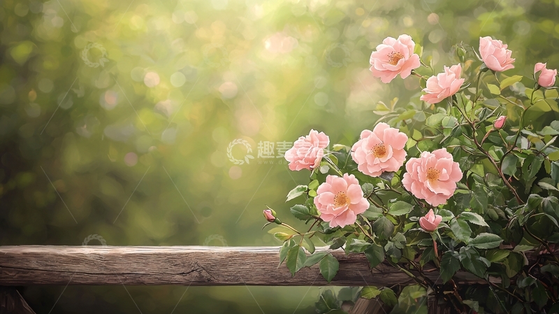 高清大图下载【趣麦麦图】粉色玫瑰花与木栅栏