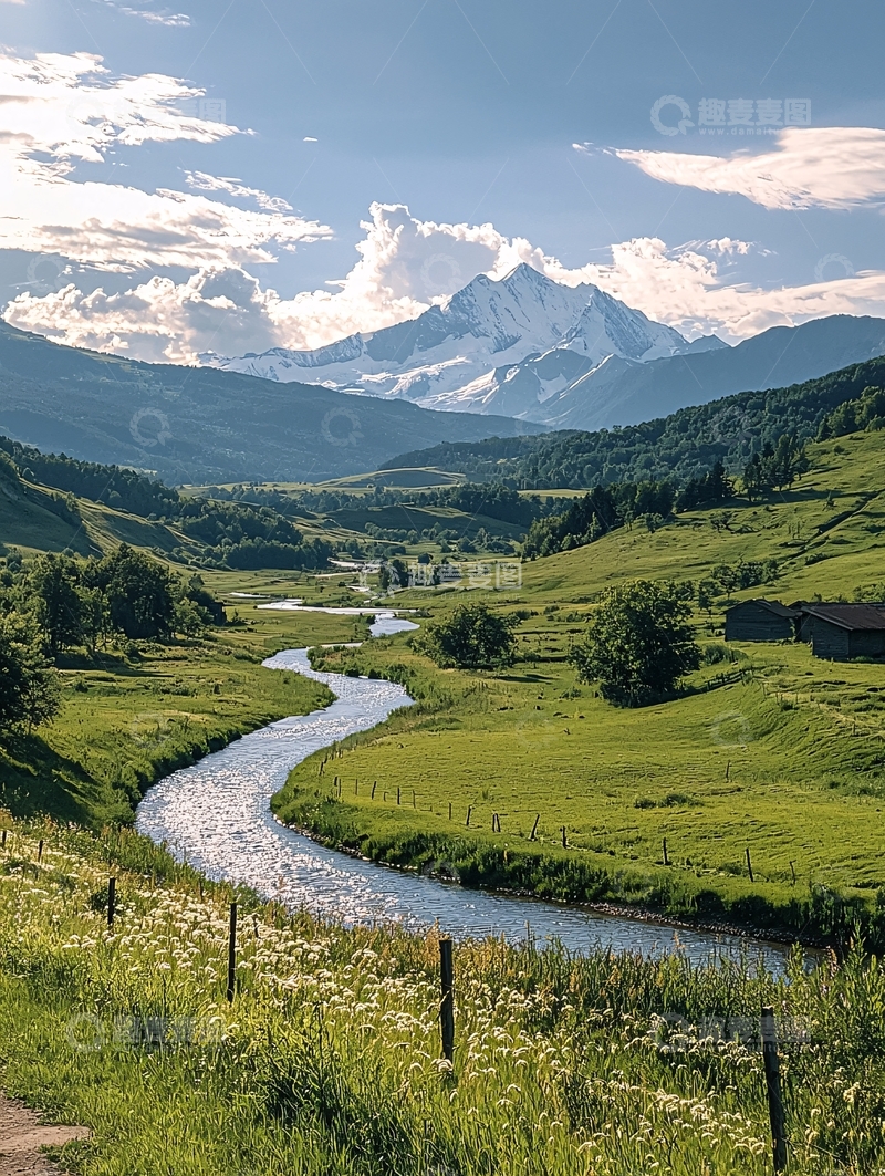 高清大图下载【趣麦麦图】雪山下的田园风光