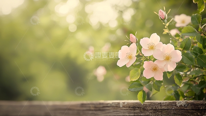 高清大图下载【趣麦麦图】粉色花朵与木栏背景