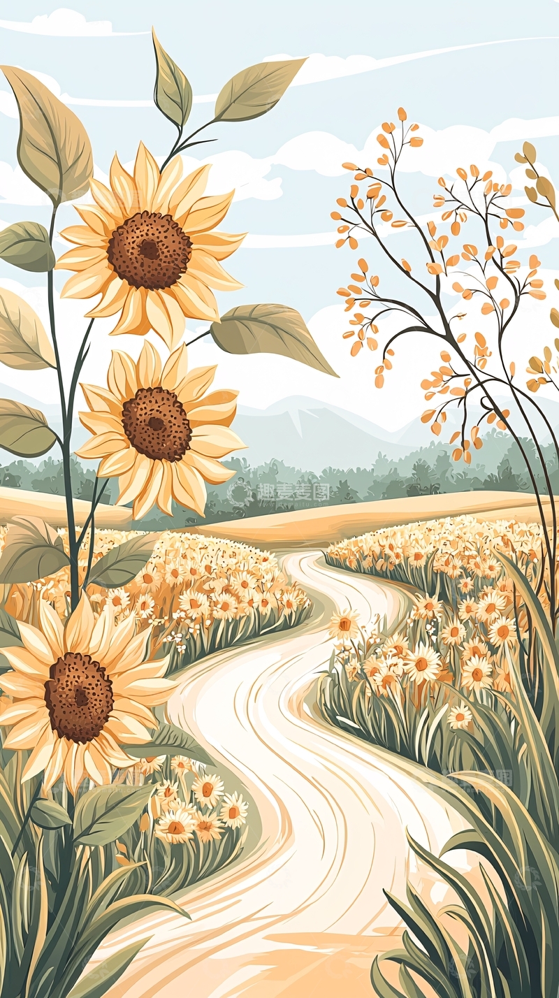 高清大图下载【趣麦麦图】向日葵田野小径风景图