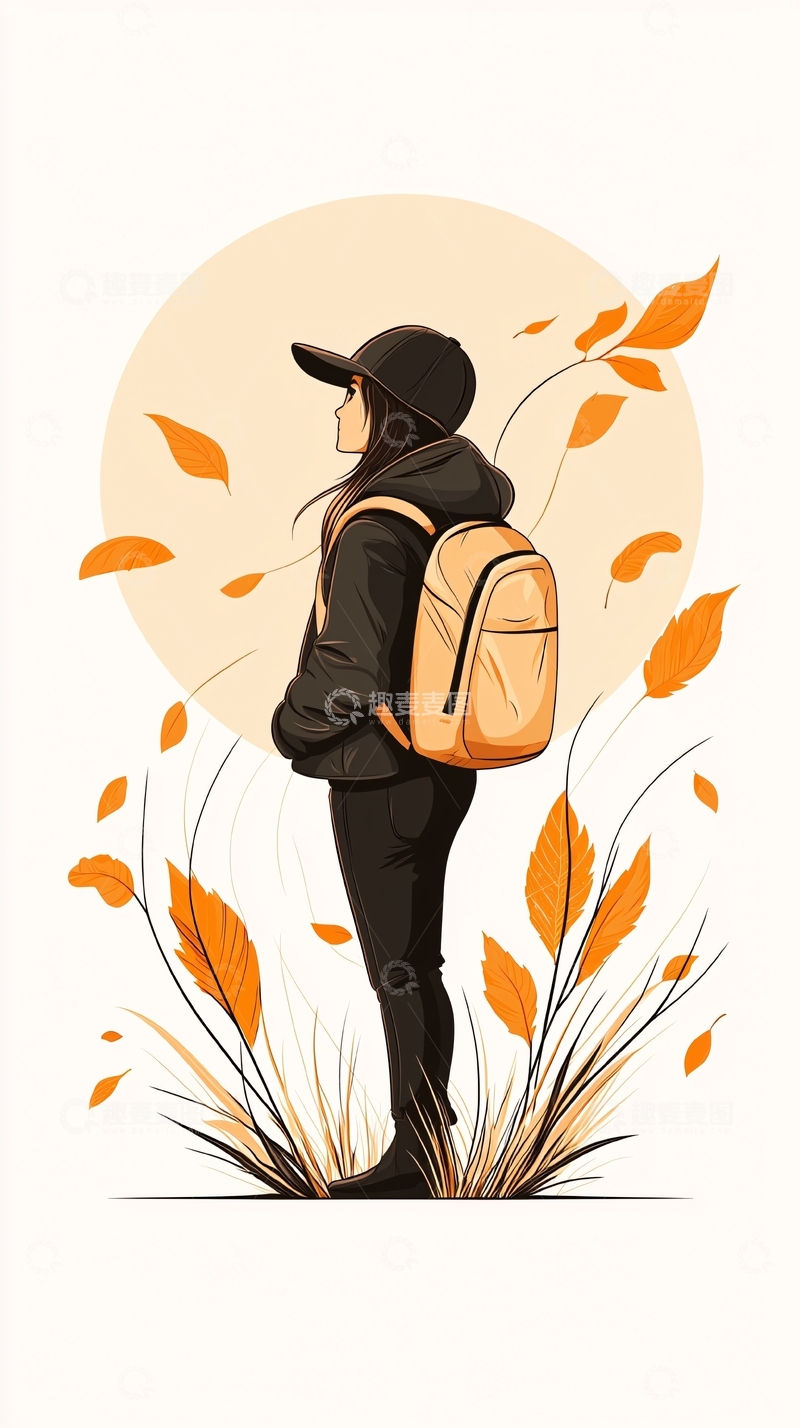 高清大图下载【趣麦麦图】秋日背影徒步旅行插画