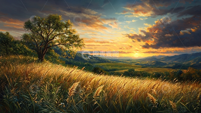 高清大图下载【趣麦麦图】夕阳下的田野与孤独树