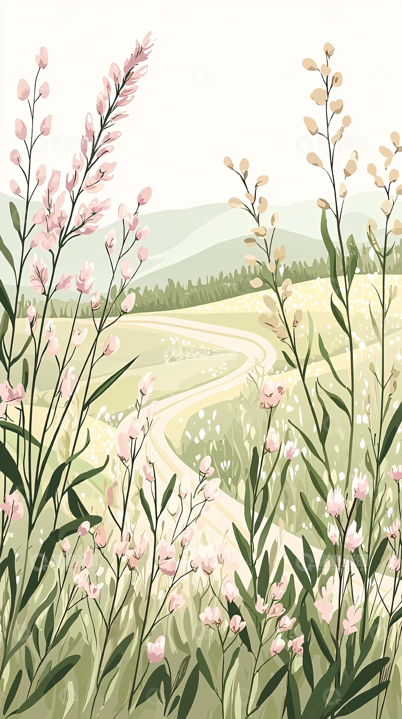 高清大图下载【趣麦麦图】春日田野小径风景插画