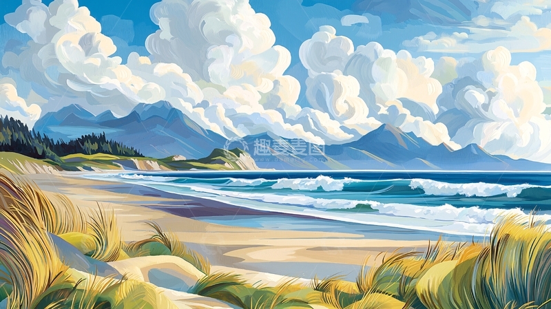 高清大图下载【趣麦麦图】海滩与山脉的壮丽景色