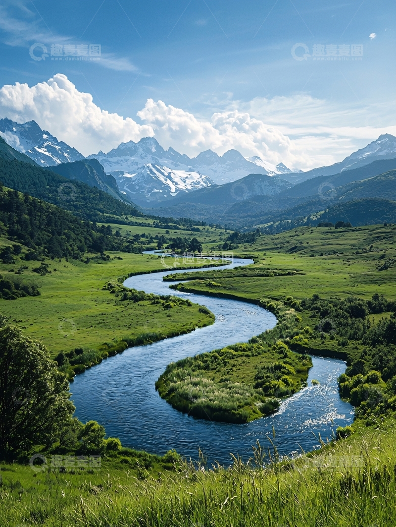 高清大图下载【趣麦麦图】蜿蜒河流与雪山美景