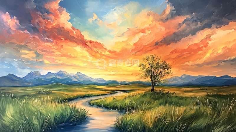 高清大图下载【趣麦麦图】夕阳下的孤独树与小溪